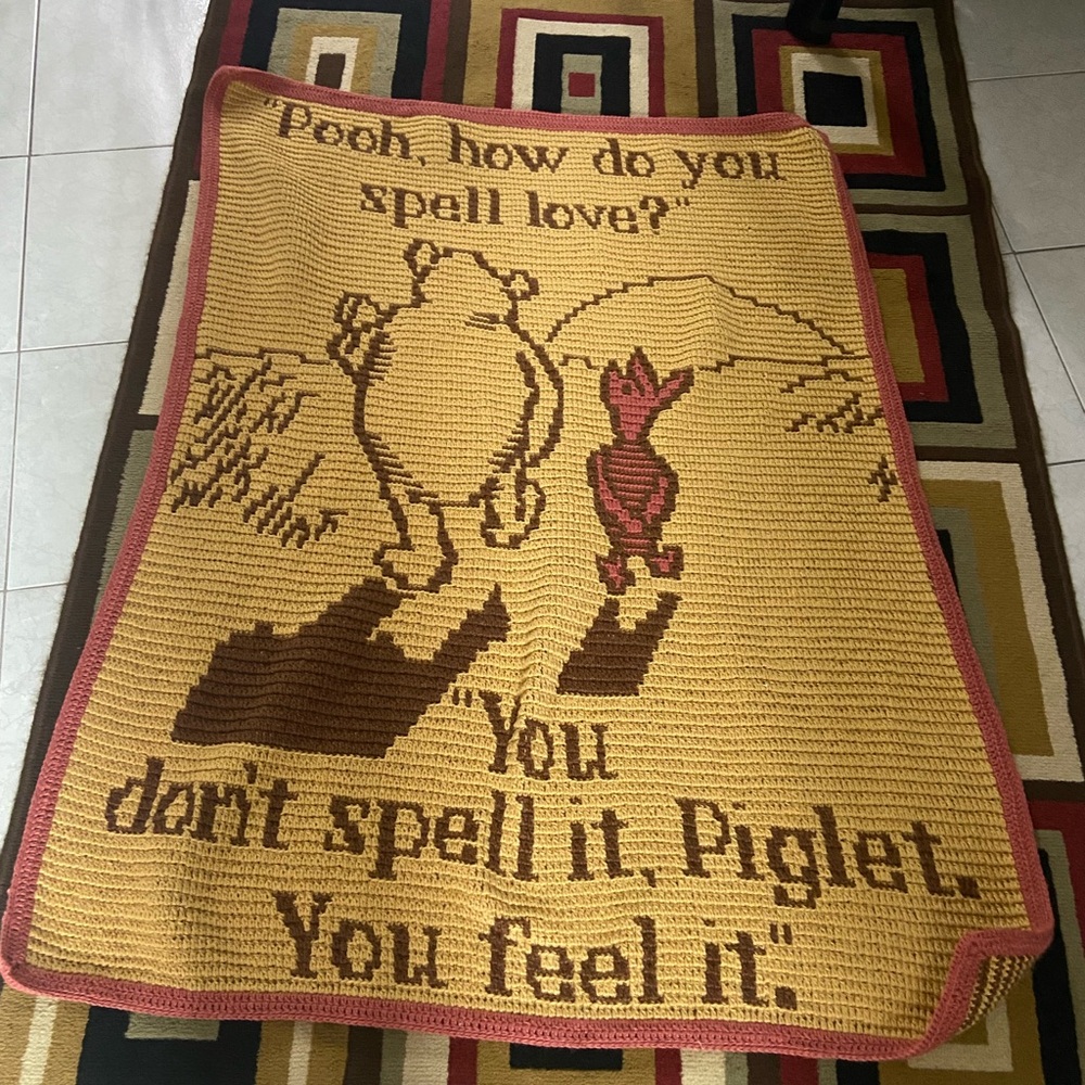 Hand crochet Winnie the Pooh Quote crib Blanket a labour of love